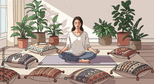 Woman meditation yoga at home with plants and pillows for relaxation and mindfulness practice indoor zen space