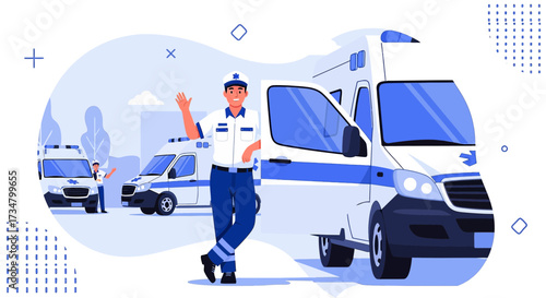 Friendly paramedic waving in front of ambulance emergency medical service illustration