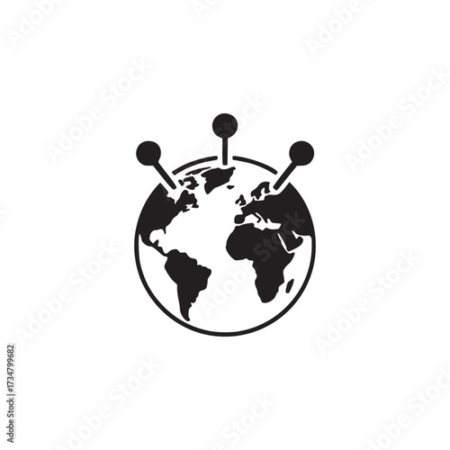 Vector art of globe with location pins indicating global presence and connectivity, the world map symbolizes international reach, networking, and worldwide communication