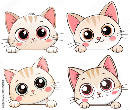 Adorable cartoon kitten faces with big eyes and pink cheeks in kawaii style on transparent background