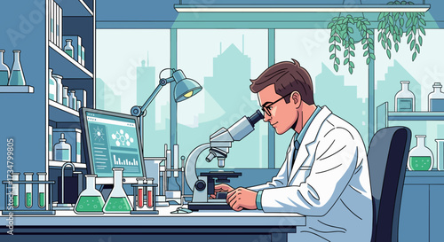 Scientist analyzing sample with microscope in laboratory research and development modern lab illustration