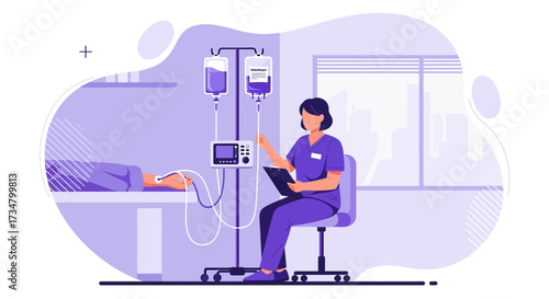 Healthcare professional administering intravenous treatment to a patient illustration scene design