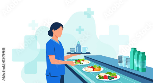 Healthcare professional serving nutritious meals in a hospital setting illustration