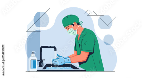 Healthcare professional washing hands thoroughly for hygiene and infection control illustration