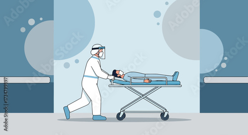 Healthcare worker in full PPE pushing a patient on a gurney through hospital corridor