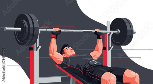 Illustration depicting a man performing a bench press exercise in a gym setting demonstrating