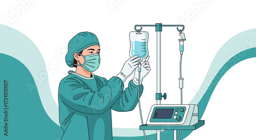Illustration depicting a healthcare professional preparing an intravenous drip in a hospital