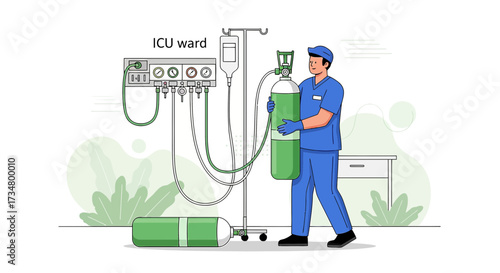 Illustration depicting a medical worker carrying an oxygen tank in an ICU ward environment