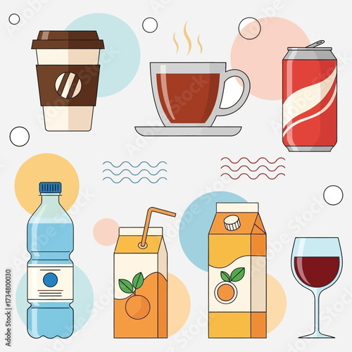 Assorted beverages including coffee, juice, soda, water, and wine in various containers