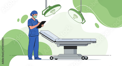 Illustration depicting a surgeon reviewing medical records in an operating room setting