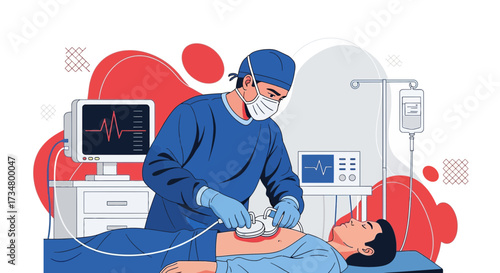 Illustration depicting a medical professional performing defibrillation on a patient in a hospital