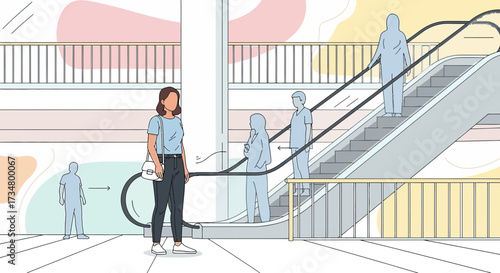 Illustration depicting a woman maintaining social distance in a modern building interior scene