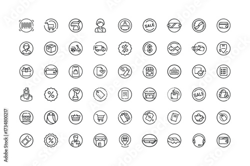 Vector art of a collection of 50 handdrawn shopping and ecommerce icons, , representing various aspects of online retail and business transactions
