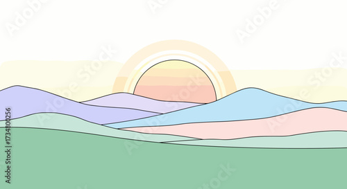 Pastel landscape painting of mountain range with sun illustration for wall art and home decor ideas