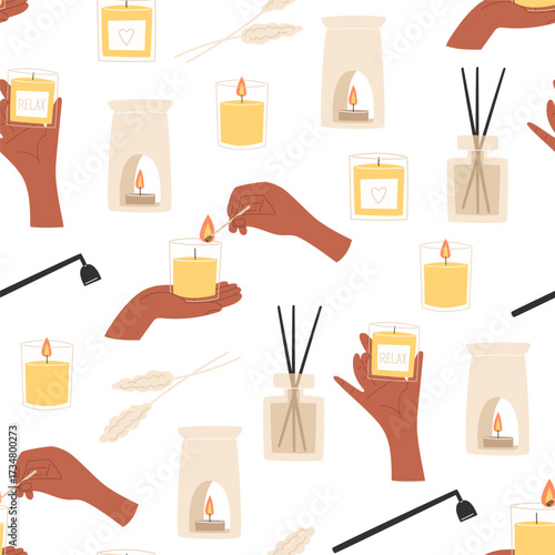 Pattern of hands lighting candles and incense sticks