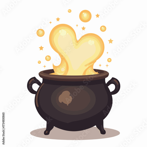 Black cauldron bubbling with yellow potion and floating stars for Halloween  