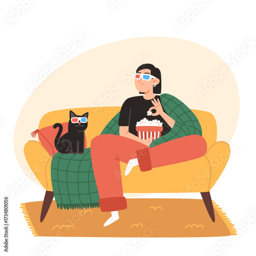 Person and cat watching movie with popcorn