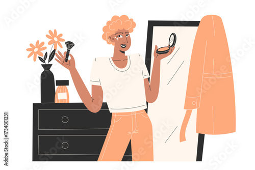 Person applying makeup in front of mirror with flowers and dresser
