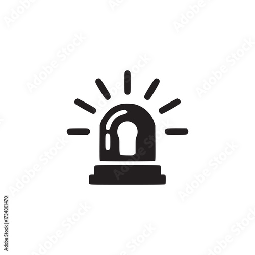 Vector art of icon of a flashing siren, the siren is black and has a dome shape on top of a rectangular base rays of light are emanating from the dome the icon is simple and clean