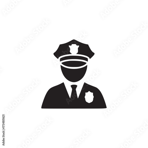 Illustration of a police officer the icon shows a person wearing a police hat and badge, representing law enforcement, security, and public safety in a simple, graphic style