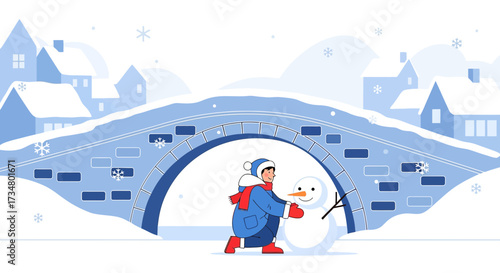 Illustration of a child building a snowman in a snowy village during winter holidays is here