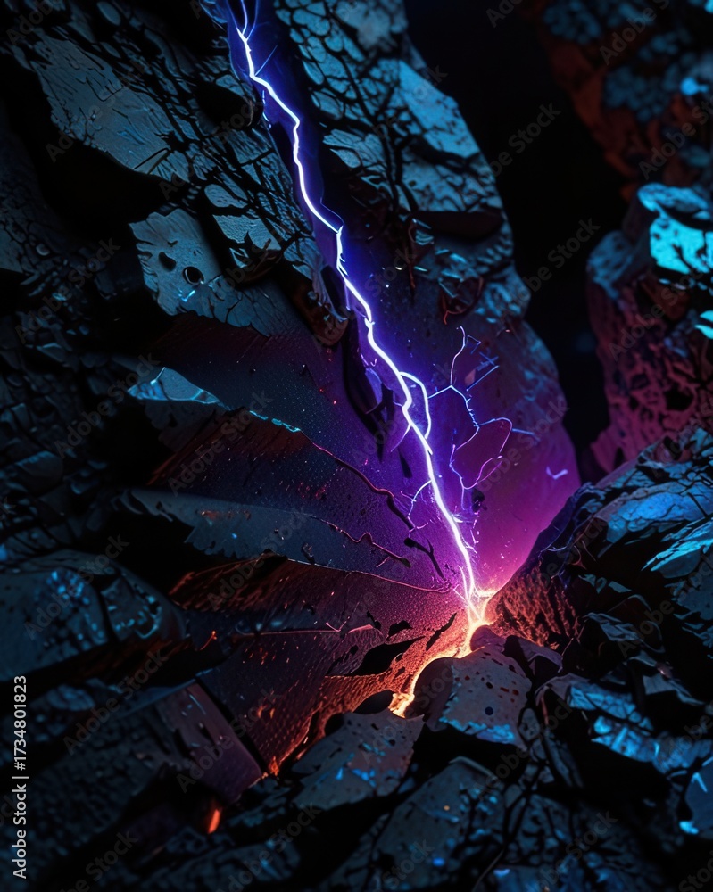 Obraz premium Cracked Volcanic Stone Split with Luminous Neon Blue and Violet Lightning Glow, Sci Fi Abstract Background