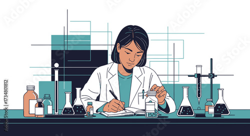 Illustration of a female scientist working in a laboratory with glassware and equipment