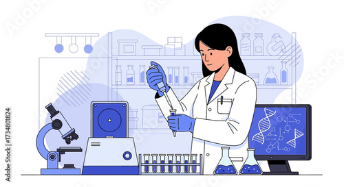 Illustration of a female scientist working in a laboratory with scientific equipment in background