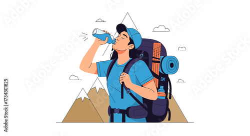 Illustration of a happy backpacker drinking water in front of mountain scenery