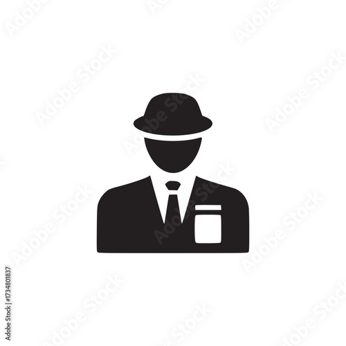 Illustration of a security guard the icon features a person wearing a hat and tie, representing security, protection, and professional service in a simple, graphic style