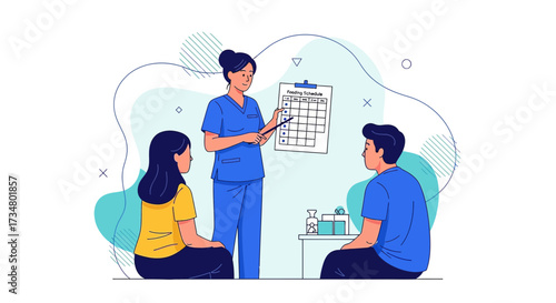 Illustration of a health professional explaining a feeding schedule to new parents