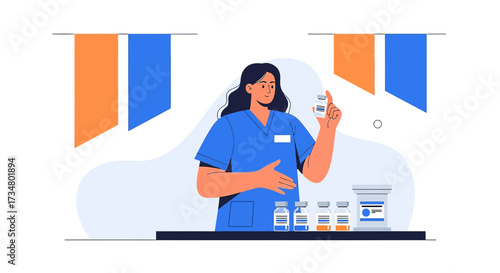 Illustration of a healthcare worker holding medication in a healthcare setting