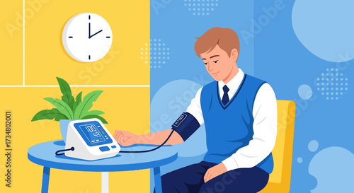 Illustration of a man checking his blood pressure at home promoting health awareness and well-being