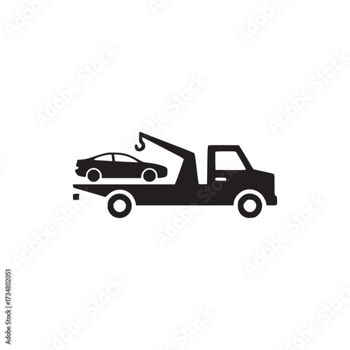 Illustration of a tow truck carrying a car this minimalist black glyph icon represents roadside assistance, vehicle recovery, and emergency services