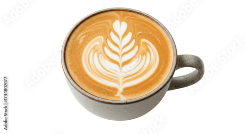 Latte art in a speckled mug isolated on a clean backdrop, coffee drink with a fern pattern for cafe menus