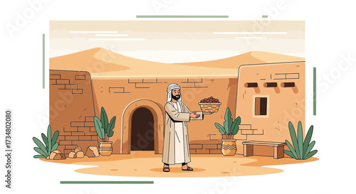 Illustration of a man in traditional Arab clothing offering dates in a desert setting with sand