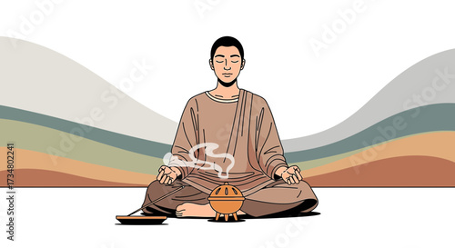 Illustration of a monk meditating with incense in a peaceful and calming environment