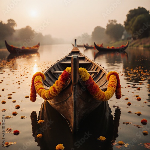 ornate traditional houseboat adorned with vibrant marigolds during a joyful indian festival celebration | culture, travel, festival, food, tradition theme