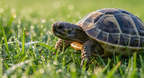 Tortoise walking in wet green grass with morning sunlight