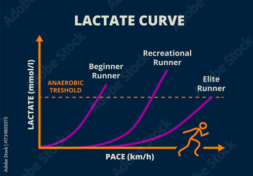 Lactate curve graph or chart showing anaerobic threshold, pace, and lactate levels for beginner, recreational, and elite runners. Sports physiology and endurance training infographic.