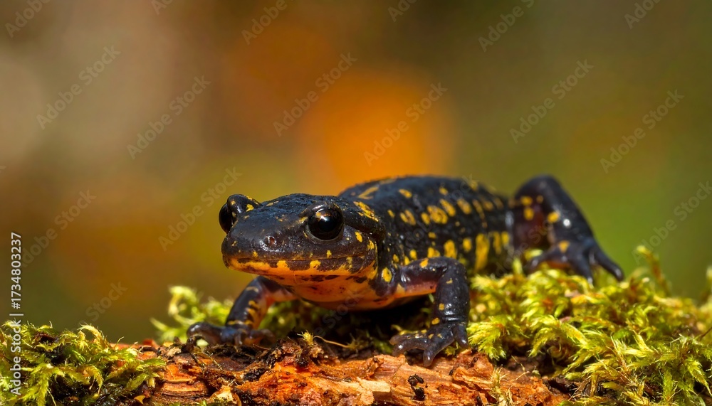 Fototapeta premium Close-up of a fire salamander resting on a bed of moss, showcasing its striking black and yellow spotted skin and detailed features.