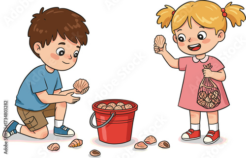 Children collecting seashells on a white background with a red bucket and scattered shells Keywords