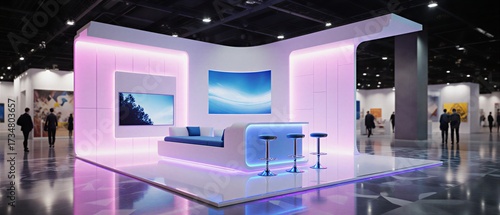 modern exhibition booth featuring vibrant neon lighting and sleek minimalist design | trade show, business, advertising, marketing, event theme