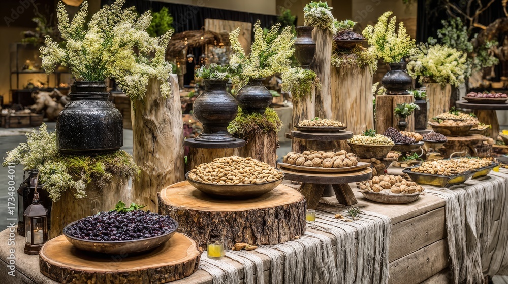 Fototapeta premium A beautifully styled buffet features various snacks and decorative elements, including vibrant floral arrangements atop rustic wooden displays, creating an inviting atmosphere with natural textures...
