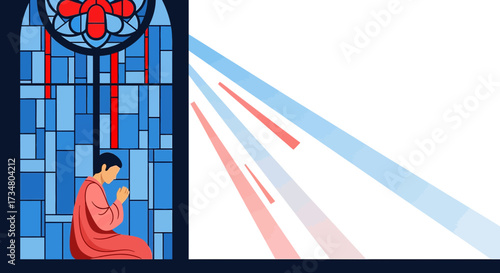 Illustration of a person praying inside a church next to a stained glass window receiving divine