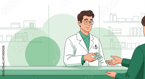 Illustration of a pharmacist handing medication to a patient at the pharmacy counter showing