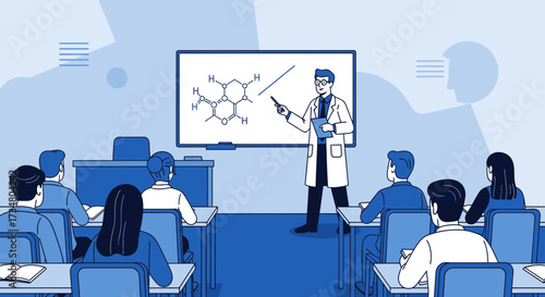 Illustration of a professor lecturing chemistry to students in a classroom setting showcasing