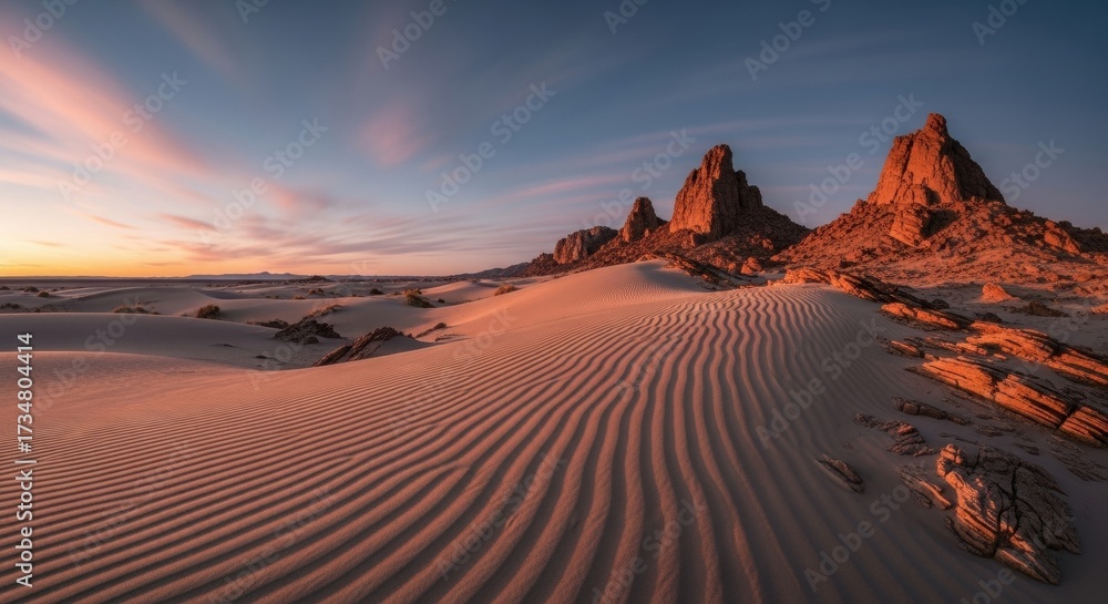 Naklejka premium Stunning sunset over desert sand dunes with rocky formations