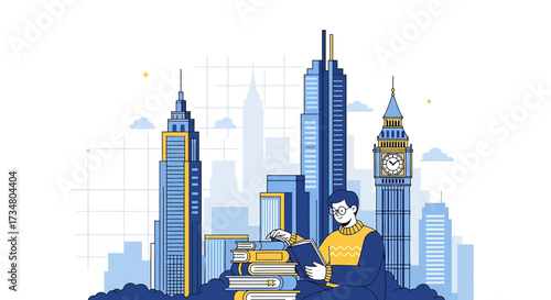 Illustration of a student reading in front of world landmarks promoting education and travel