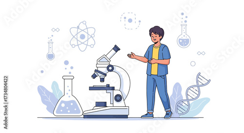 Illustration of a student scientist explaining science concepts in a laboratory setting